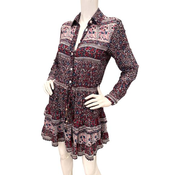 Alicia Bell Mini Dress Small Boho Print Long Sleeve Tiered Drawstring Tassel - Picture 2 of 5